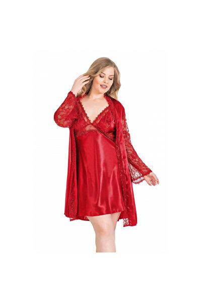 MİRALİVE Marsilyan- Plus Size Red Short Double Satin Dressing Gown Nightgown Set