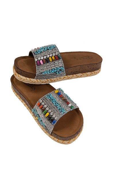 SUNSTEP Ethnic Patterned Striped Gray Beaded Women's Slippers – Summer Casual Platform Slippers