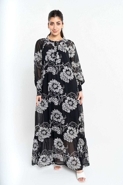 Nichii Women's Sheer Floral Maxi Dress with Long Sleeves