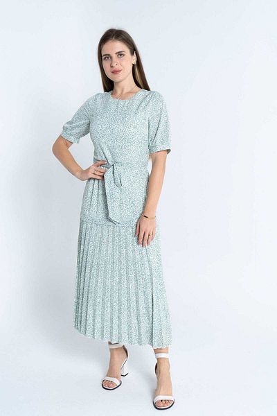 Nichii Soft Printed Midi Dress with Waist Belt and Short Sleeves