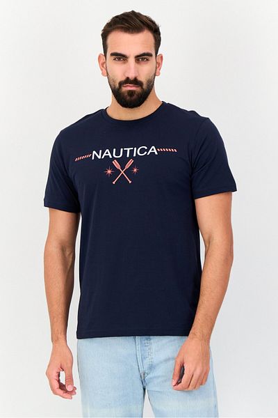 Nautica Men Crew Neck Short Sleeves Brand Logo Print T-Shirt, Navy