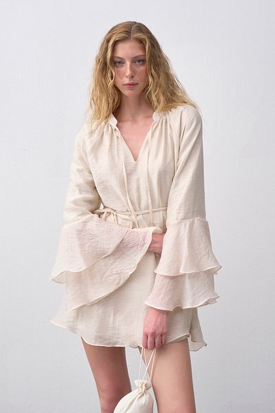 mathilda store Women's Ecru Flounced Mini Chiffon Dress