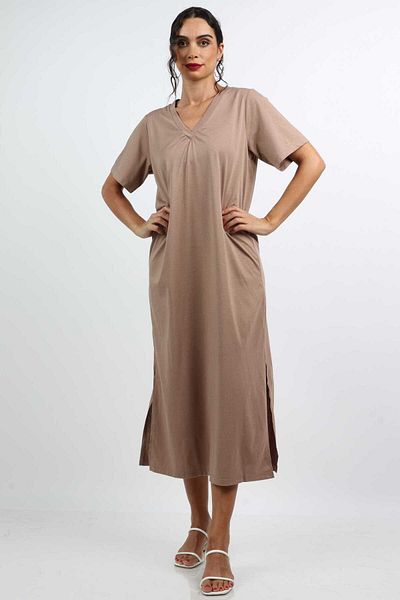Nichii Women's Solid Midi Dress with Side Slits and V-Neck, Short Sleeves