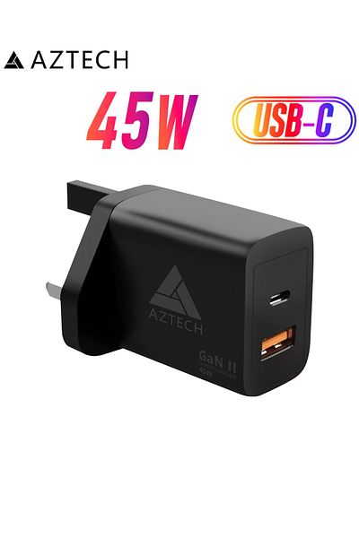Aztech 2 In 1 45w Gan Ii Fast Charger Usb-c & Usb-a Dual Port Adapter For Iphone 16, 15, Samsung S24, S25