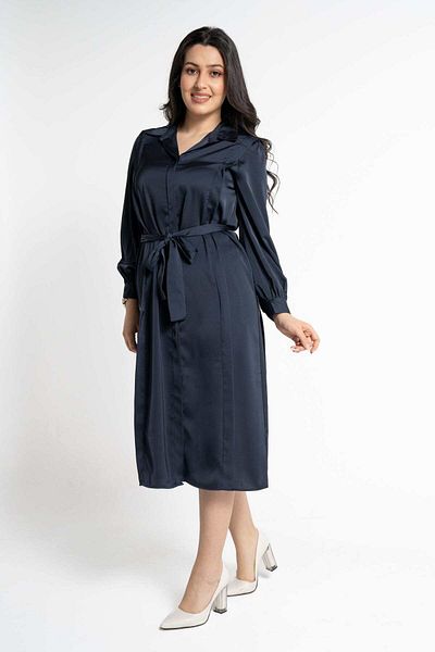 Nichii Solid Long Sleeve Midi Dress with Waist Tie