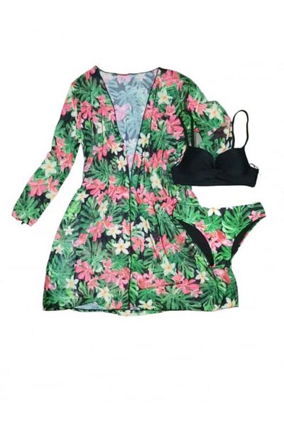 FUBA 3-piece swimsuit, push-up bra, high-waisted bottoms, and pareo