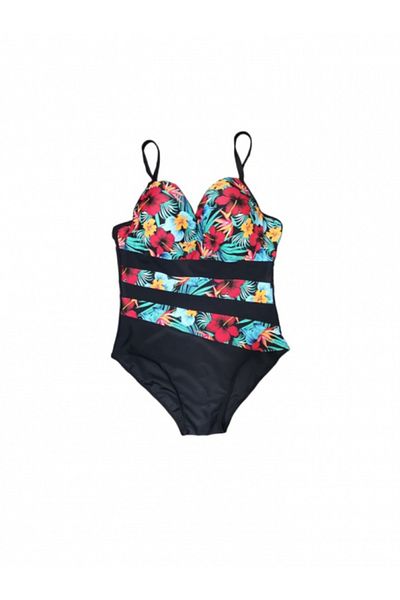 FUBA One-Piece Swimsuit, Black with Floral Print, Cups, Adjustable Straps