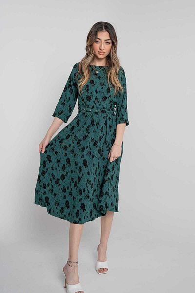 Nichii Women's Floral Midi Dress with 3/4 Sleeves and Fitted Waist