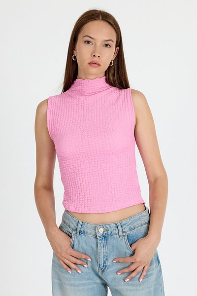 Rays Pink Wrinkle Fabric Stand Collar Sleeveless Blouse 3458