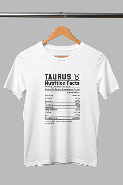 giftkonsept تي شيرت أبيض للجنسين من القطن مطبوع عليه برج الثور معلومات التغذية