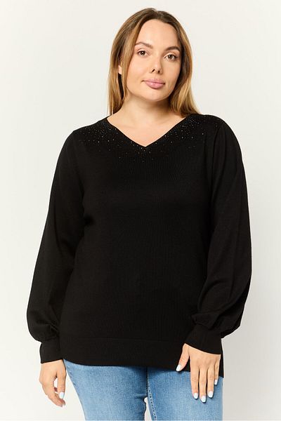 Cable&Gauge Women V-Neck Textured Sweater, Black