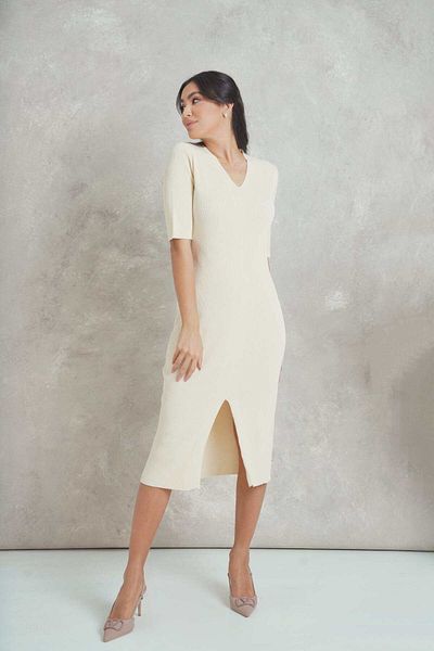 Nichii Short Sleeve Midi Dress with Front Slit