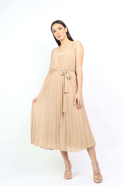 Nichii Women's Midi Pleated Dress with Waist Tie and No Sleeves