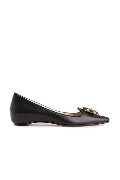 Deriderim Stone Detailed Leather Black Ballerinas