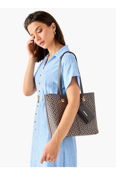 Flora Bella by Shoexpress Flora Bella Monogram Print Tote Bag with Double Handles and Pouch