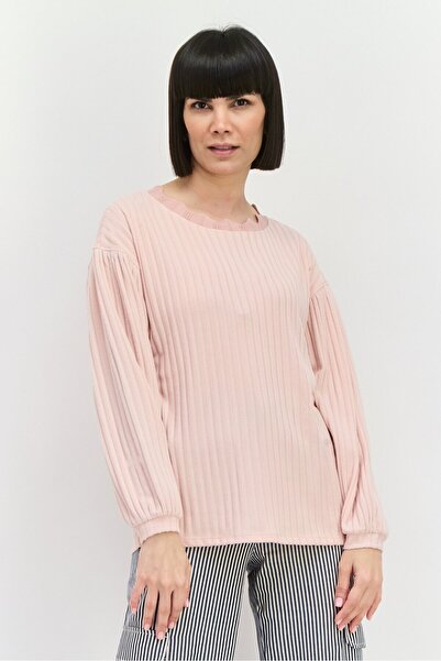 Retrology Women Ruffle Neck Long Sleeves Ribbed Blouse, Rose Smoke