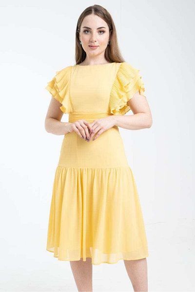 Nichii Plain Midi Dress with Short Sleeves, Layered Design, and Round Neck