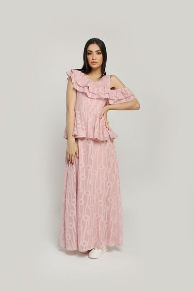 Nichii Long Dress with Open Shoulder and Ruffled Waist, Short Sleeves