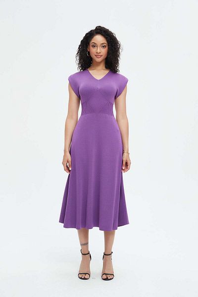 Nichii Women's Simple V-Neck Midi Cut Dress