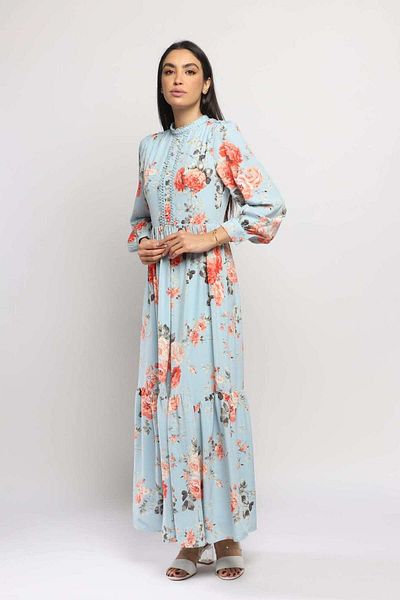 Nichii Women's Long Sleeve Floral Evening Dress with Round Neck