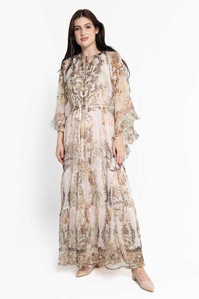 Nichii Women's Long Printed Chiffon Dress with Long Sleeves