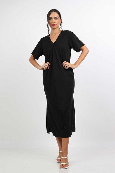 Nichii Women's Solid Midi Dress with Side Slits and V-Neck, Short Sleeves