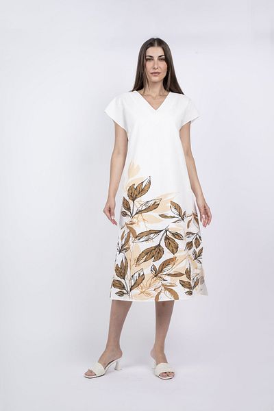 Nichii Floral Midi Dress with Short Sleeves and V-Neck