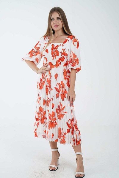 Nichii Floral Midi Dress with Square Neck and Pleated 3/4 Sleeves