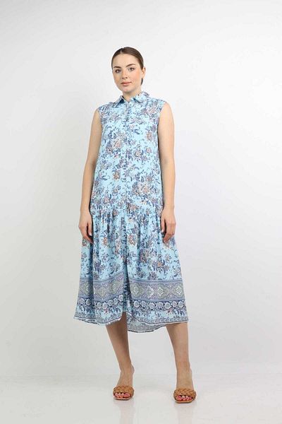 Nichii Printed Midi Dress with Front Buttons and No Sleeves