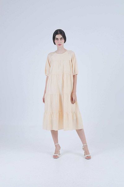 Nichii Women's Wide Puff Midi Dress with Short Sleeves