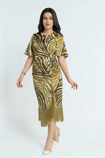 Nichii Short Sleeve Midi Dress with Tiger Print and Fringe