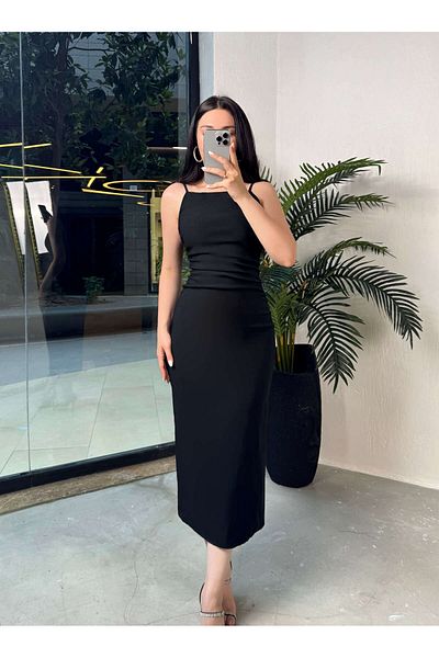 missswans Aleksia Square Collar Adjustable Strap Lycra Fabric Midi Length Dress Black