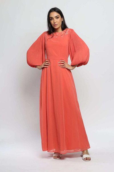 Nichii Women's Puff Sleeve 3/4 Maxi Dress with Round Neck