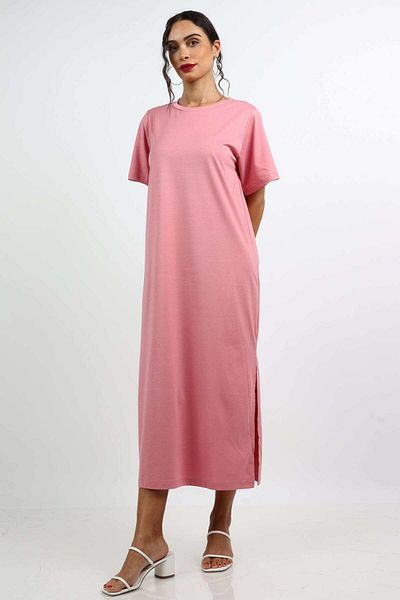 Nichii Simple Midi Dress with Side Slits and Short Sleeves -