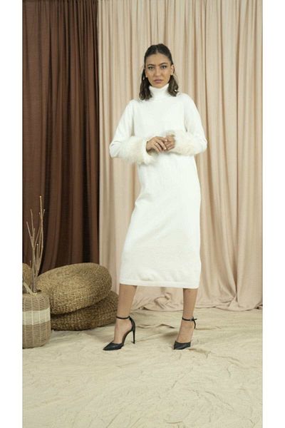 Nichii Long Sleeve Fur-Embellished Midi Dress
