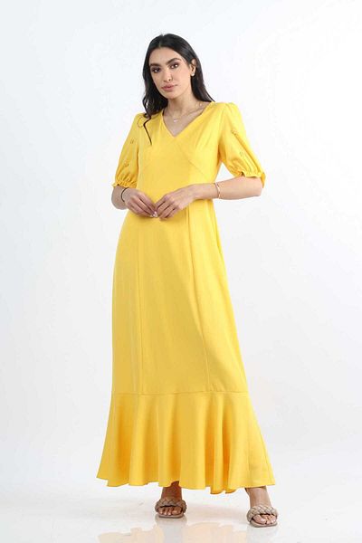 Nichii Solid Long Dress with Ruffles and Short Sleeves, Embellished with Bord