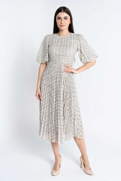 Nichii Women's Short Sleeve Checkered Midi Dress with Waistline