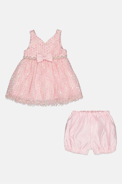American Princess Toddlers Girl 2 Pcs Textured Mesh Party Dress With Shorts Set, Pink
