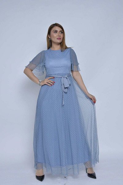 Nichii Long Sheer Chiffon Dress with Subtle Print and Short Sleeves