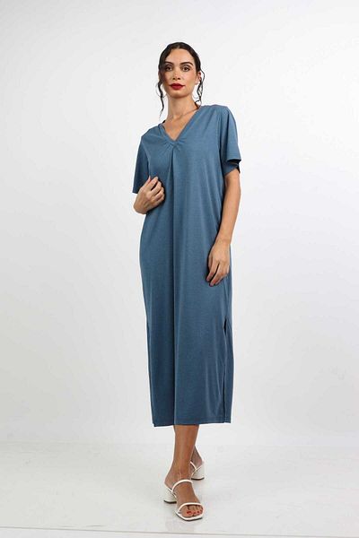 Nichii Women's Solid Midi Dress with Side Slits and V-Neck, Short Sleeves