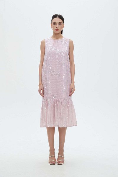 Nichii Shiny Midi Cat Dress with Round Neck and Ruffles