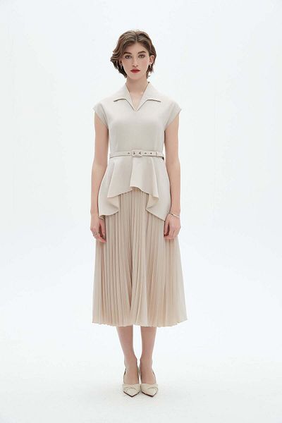 Nichii Sleeveless Midi Dress with Shirt Collar and Waist Belt