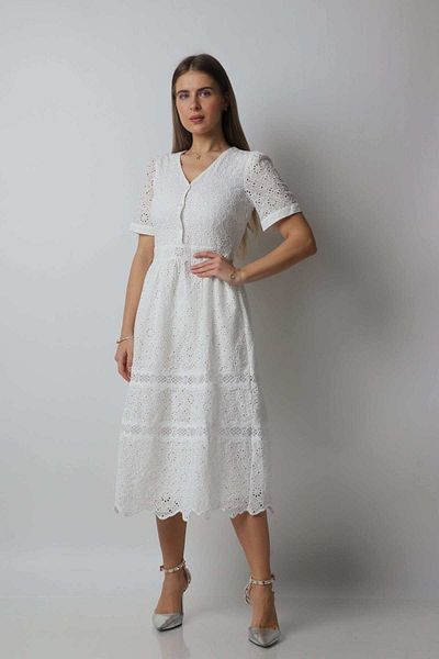 Nichii Short Sleeve Button Front Lace Midi Dress