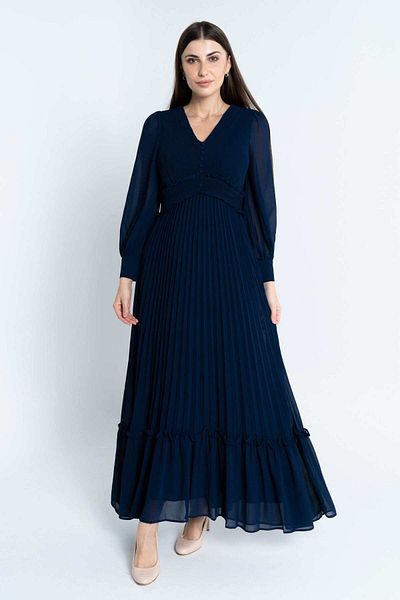 Nichii Women's Maxi Dress with Long Sleeves and Seven-Button Waist Detail