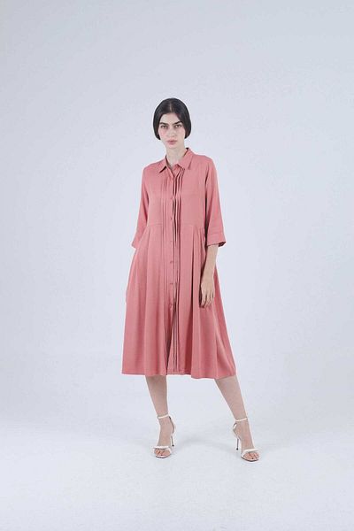 Nichii Women's Long Dress with Front Button Neck and 3/4 Sleeves