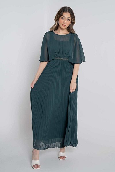 Nichii Women's Long Solid Pleated Dress with Short Open Sleeves