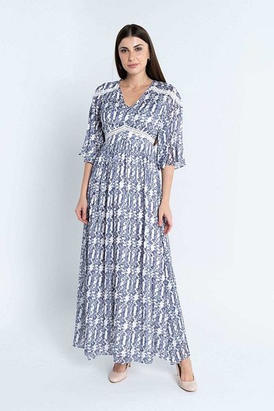 Nichii Women's Printed Maxi Dress with Flutter Sleeves and Cinched Waist