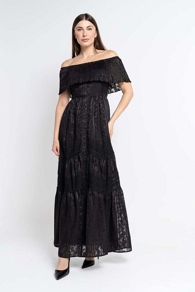 Nichii Embroidered Off-Shoulder Short Sleeve Maxi Dress