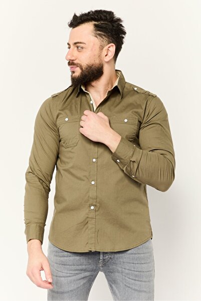 Paper Denim & Cloth قميص رجالي كاجوال بأكمام طويلة وقصة ضيقة، زيتوني