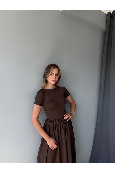 AlisaSu Γυναικείο Καφέ Εύκαμπτο Πλεκτό Φόρεμα με Φούστα Ποπλίνα